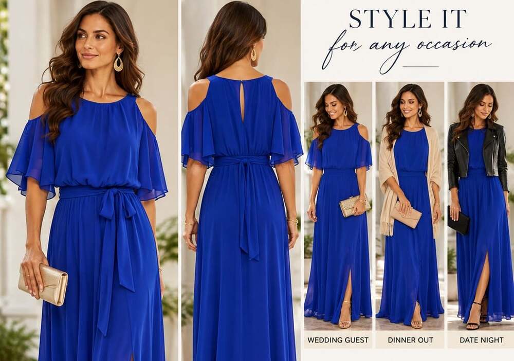 Calvin Klein Cold Shoulder Maxi Dress Size 4P Royal Blue Chiffon
